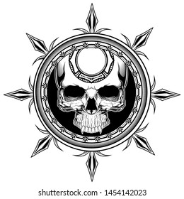 skull shield.vector hand drawing,Shirt designs, biker, disk jockey, gentleman, barber and many others.isolated and easy to edit. Vector Illustration