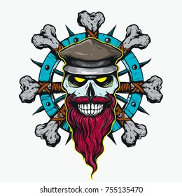 skull ship captain with long beard and mustache and hat hand drawing line art with full color