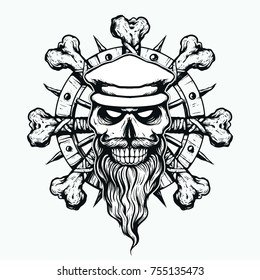 skull ship captain with long beard and mustache and hat hand drawing line art