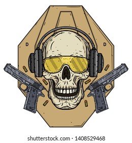 Skull shooter on the background of the target, glasses, headphones and two pistols