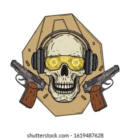 Skull shooter on the background of the target, glasses, headphones and two pistols