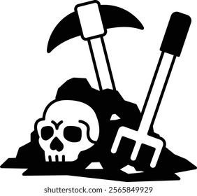 A skull and a shovel are on a pile of dirt. The skull is upside down and the shovel is leaning on it. The image has a creepy and ominous mood