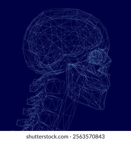 Skull is shown in a blue background. The skull is made up of many small triangles, giving it a very detailed and intricate appearance. Concept of mystery and intrigue