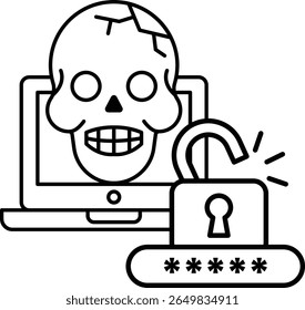 Um crânio é mostrado com um buraco de fechadura na boca do crânio. A caveira fica ao lado de um laptop