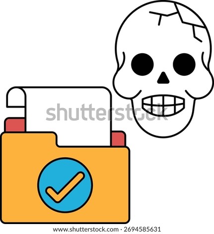 A skull is shown next to a folder with a check mark on it. The skull is positioned to the right of the folder, and it is broken and missing teeth