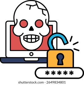 A skull is shown on a laptop screen with a lock on the screen. The skull is surrounded by a red circle, which is a warning sign. The lock is yellow and has a keyhole