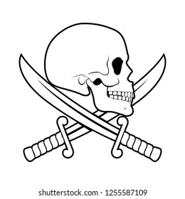 Skull Side View with Crossed Sabers Beneath. Black-and white Illustration of Pirate Symbol