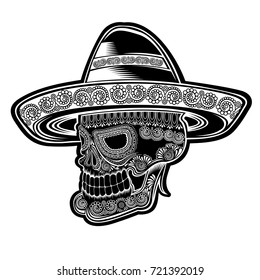 Skull side view with mexican hat and pattern on face symbol of Día de Muertos holiday. Monochrome illustration isolated on white