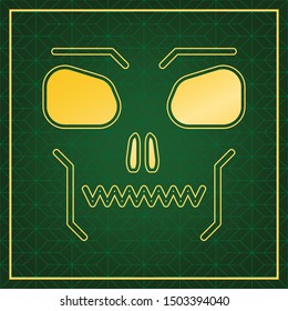Skull sign. Golden icon with gold contour at dark green gridded white background. Illustration.