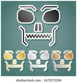 Skull sign. Set of metallic Icons with gray, gold, silver and bronze gradient with white contour and shadow at viridan background. Illustration.
