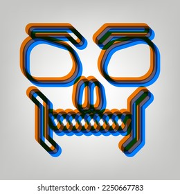 Skull sign. Stroked Icon in orange, azure and old lavender Colors at gray Background. Illustration.