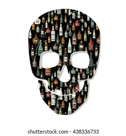 Skull silhouette with alcoholic beverages. Vector abstract illustration.