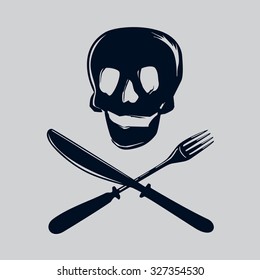 Skull silhouette with fork and knife. Unhealthy food metaphor. Isolated vector sign.