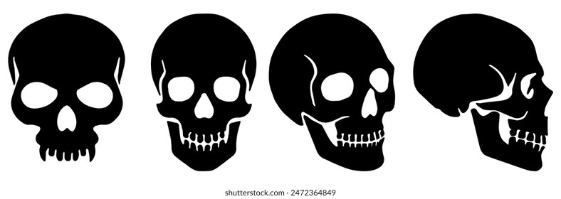 Silueta de la calavera: Icono gótico, símbolo de Halloween, concepto de la muerte, diseño fantasmagórico, Ilustración vectorial plana