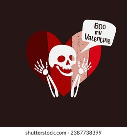 Skull silhouette with hands and speech bubble - BOO my Valentine. Funny vector illustration