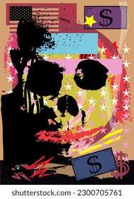 Skull silhouette with money bill and USA flag. Dollar horror background.