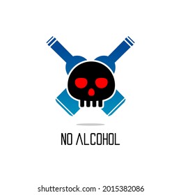 skull silhouette on the background of two bottles and no alcohol vector writing, icon and logo