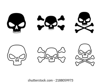 Skull silhouette outline sticker icon set isolated on white background. Danger toxic of poisoning sign symbol collection