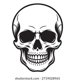 Silueta del cráneo, forma negra sólida, Ilustración vectorial plana audaz, estilo agresivo mínimo, bordes limpios, camiseta y pegatina listos