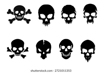 Skull silhouette vector collection with different shapes and expressions in solid black style. Suitable for horror designs, danger symbols, tattoos, posters and edgy graphic projects.