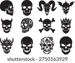 Skull Silhouette Vector Collection: Human Cranium, Sugar Skull, Ram Skull, King Crown, and Demon Mascot Illustrations