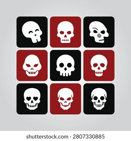 Skull silhouettes with varied expressions flat vector illustration