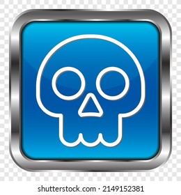Skull simple icon. Flat design. Metal, blue square button. Transparent grid.ai