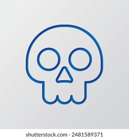 Skull simple icon. Flat design. Paper cut design. Cutted blue symbol with shadow. Gray background.ai