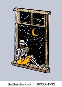 Skull sitting in front the window drinking coffee illustration