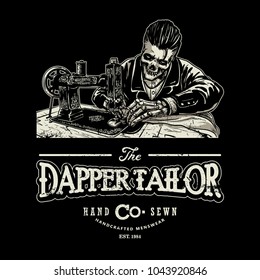 Skull sitting with sewing machine for tailor shop logo in black and white