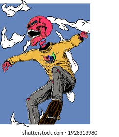 The skull of the skate board is jumping