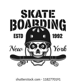 Skull with skate deck in teeth vector skateboarding emblem in vintage monochrome style isolated on white background