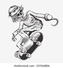 Skull Skate With Pirate Hook On His Hand Drawing  