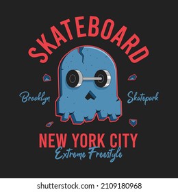 Skull skateboard design for t-shirt. New York, Brooklyn skatepark tee shirt print with skull and skate. Apparel drawn print on skateboarding theme. Vector illustration.