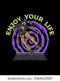 skull skateboard doing a tail slide with an abstract background illustration design for merchandise