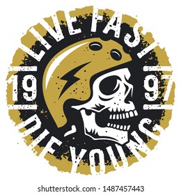 Skull in skateboard helmet and slogan typography. T-shirt print design on the topic of skateboarding . Vector illustration with grunge texture