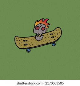 Skull and skateboard on a green background