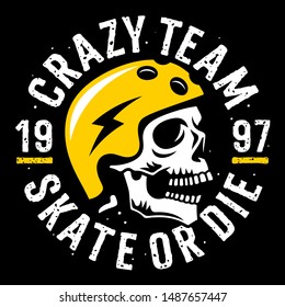 Skull in a skateboarder helmet vector illustration for t shirt printing. T-shirt print design on the theme of skateboarding. Sport typography