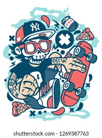 Skull Skateboarding Cartoon Character