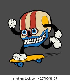 Skull skateboarding. Strange colored skull in chinese or native american style skateboarding. Skull character skateboarding isolated vector illustration for summer sports.