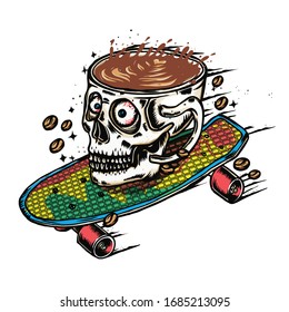 skull skateboards with head cup coffee vector illustration hand drawing