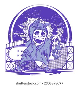 skull in skatepark t-shirt design, vector illustration