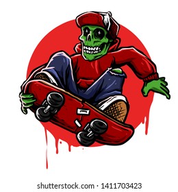 skull skater with broken skateboard with hoodie and snapback vector illustration