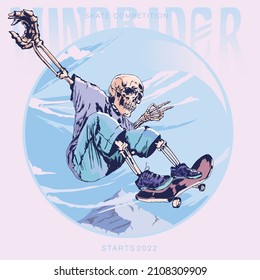 Skull skater, mountain open sky, colorful skull character, wearing shorts, tee shirt and shoe, flying and skating. on sky over the mountain.