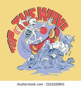 Skull skater, on a big wave surfing on sunny day with nice typography.  