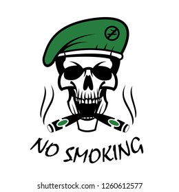 Skull of a skeleton with burning cigarette.No smoking sign. Isolated vector illustration. - Vector