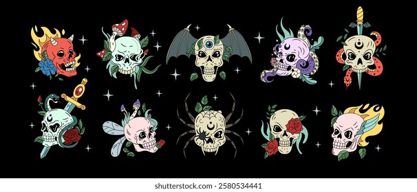 Skull skeleton. Face with flower on Halloween. Doodle of spooky head. Drawing vintage sticker rock. Icon of human bones. Tattoo design. Gothic isolated elements. Vector logo tidy cartoon illustration