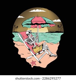 A skull, skeleton figure siting on chair under on a beach, under an umbrella, enjoying the sea view with sun and clouds in sky.