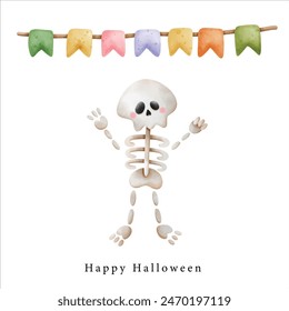 skull skeleton ghost with party flag, illustration Halloween horror element clipart