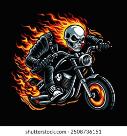 The skull skeleton ghost riding motobike with flame illustration